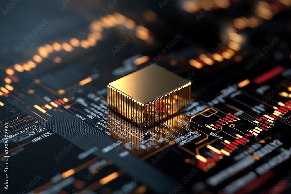 Poster golden microchip on circuit board with abstract data visualization and technology elements
