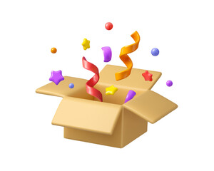 Surprise box with confetti vector 3d icon. Mystery gift concept. Cardboard parcel with festive decoration inside