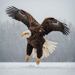 An eagle landing gracefully, wings halfway folded, with a white backdrop.