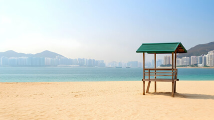Obraz premium Empty lifeguard stand on sandy beach, city skyline in hazy distance, tranquil coastal scene; ideal for travel brochures