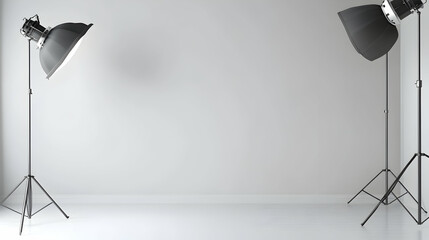 Empty studio photo shoot setup with two lights, plain white background, for product photography or mockups