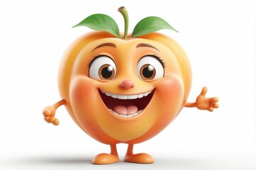 Happy cartoon peach character with arms and legs, smiling and gesturing.