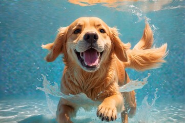 Happy golden retriever dog swimming underwater in a pool. (1)