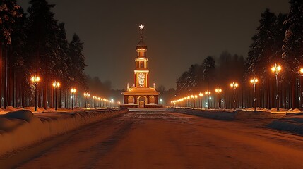 Fototapeta premium Illuminated Winter Chapel Snow Pathway Night Scene