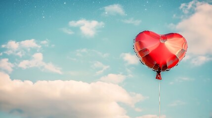 Fototapeta premium Valentine heart shaped balloon gently floating against a romantic Saint Valentine sky with soft clouds and stars creating a dreamy atmosphere