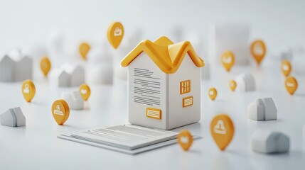 Modern Real Estate Concept with House Model and Location Pins in a Minimalist Setting for Property Marketing