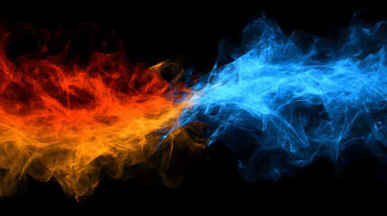 Fiery orange and icy blue smoke collide against a black background; abstract concept for contrasting forces