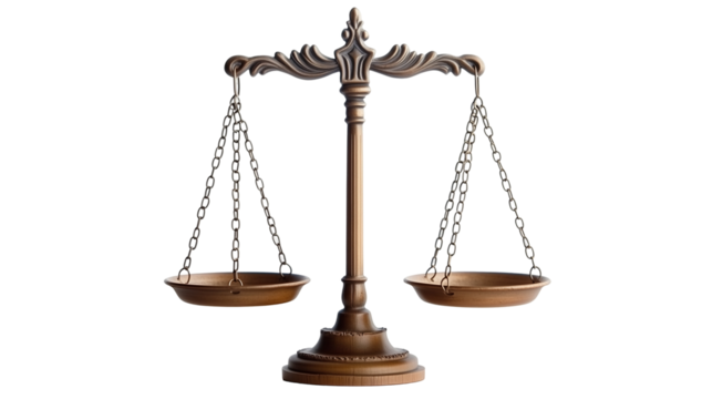 Scales of justice symbolizing fairness, isolated on transparent background 