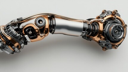 A robotic elbow joint with hydraulic components and metallic textures.