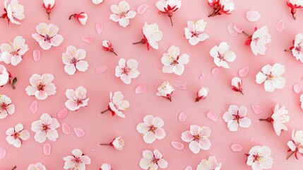 Pink blossom flatlay, spring floral background, pastel design