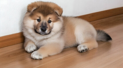 Fluffy puppy resting indoors on hardwood floor, near white wall.  Perfect for pet websites or greeting cards