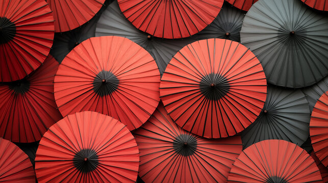 Traditional Chinese Umbrellas: Luxurious Red and Black Patterned Display