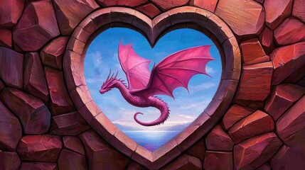 Pink Dragon Soaring Through Heart Shaped Stone Window Fantasy Art