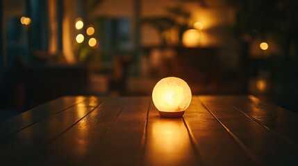 A soft glow from a Himalayan salt lamp on a wooden table.
