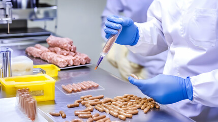 Food scientist quality-checking sausages in a sterile factory