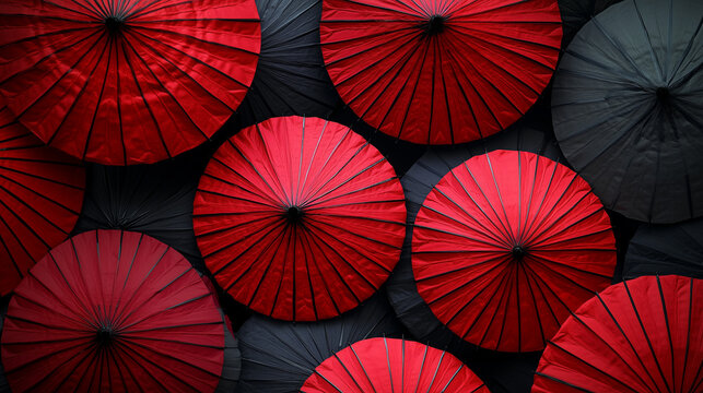 Luxurious display of traditional Chinese umbrellas in various red and black patterns. - Powered by Adobe