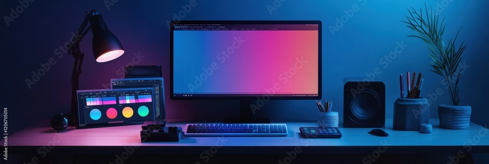 Poster essentials for color grading captured in a minimalist flat lay with vibrant hues and creative tools