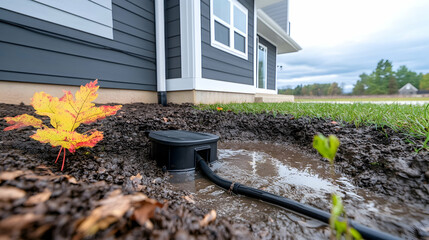 French drain installation near house, autumn leaves, muddy ground, background of house and field.  Use Home improvement or landscaping website