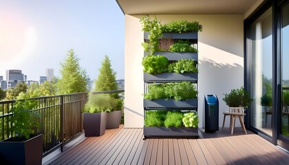 Modern balcony garden with vertical planters and fresh herbs in an urban setting
