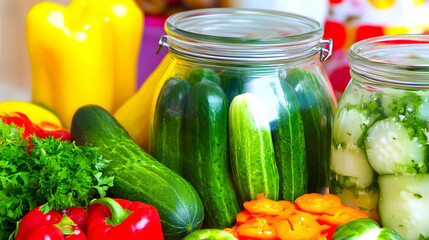 Fresh and Pickled Cucumbers with Peppers, Home Preservation, Kitchen Setting, Healthy Food