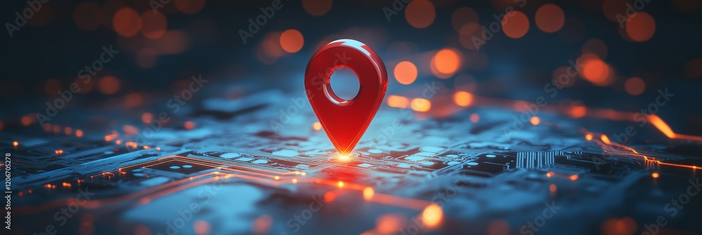 Poster Glowing red location pin on a digital circuit board background.