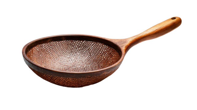 A beautiful wooden sieve for straining food, essential for cooking and baking tasks. transparent background