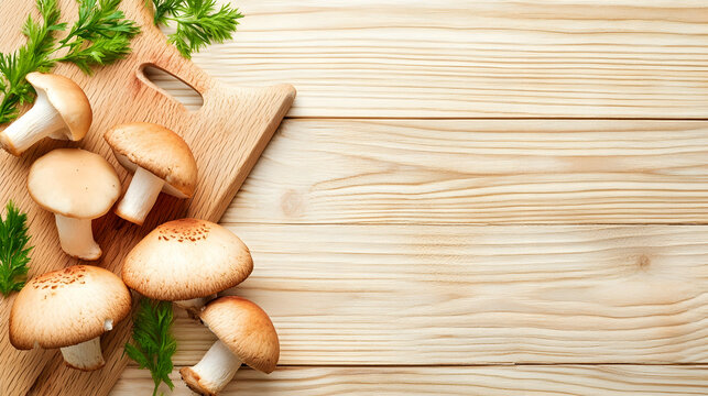 Fresh mushrooms and parsley on wooden board, rustic kitchen background, recipe or food blog