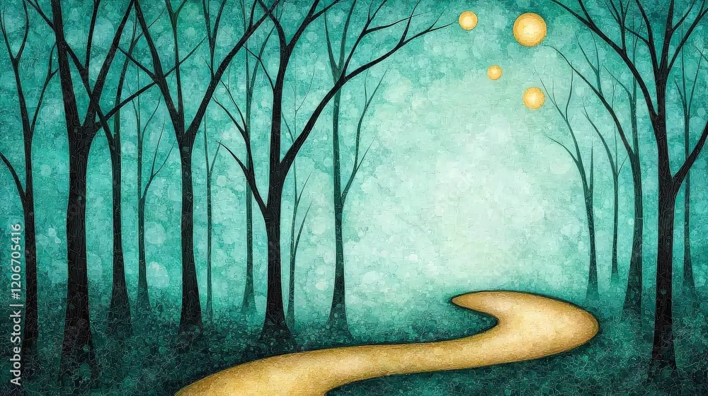 Poster enchanted forest pathway with abstract trees and floating orbs in dreamy blue and yellow tones