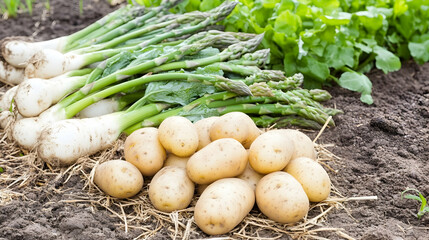 Freshly harvested potatoes, asparagus, and spring onions on a farm.  Use as food packaging or farming website imagery