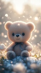 A cute teddy bear sitting in a serene, softly lit environment.