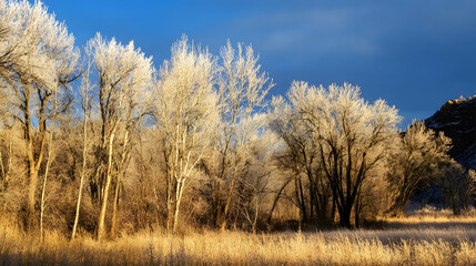 Fototapeta premium Frosty winter trees sunrise landscape, golden meadow, background rock formation, nature photography
