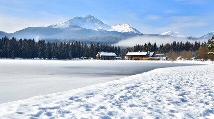 Frozen lake, snowy landscape, mountain view, winter buildings, scenic postcard