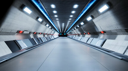 Naklejka premium Futuristic corridor, illuminated, sleek design, empty, modern architecture, sci-fi setting, website banner