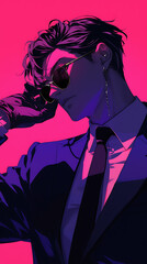 Stylish young man in sunglasses striking a pose against a vibrant pink background, exuding confidence