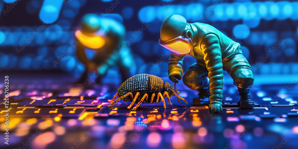 Aufkleber miniature developer examine glowing bug on futuristic circuit board
