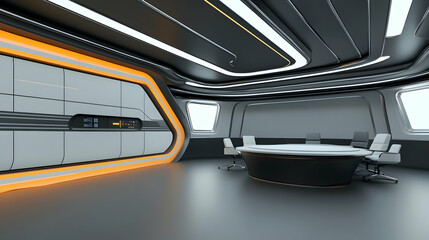 Futuristic office meeting room, modern design, sleek interior, city view, corporate presentation