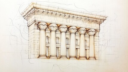 Fototapeta premium Classical Architectural Drawing of Ancient Columns and Pediment in Detailed Sketch Style on Cream Background