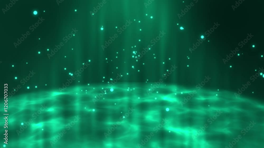 Poster emerald green abstract background with falling particles and light rays.
