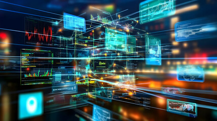 Naklejka premium Global data network, city night, digital information flow, futuristic technology, stock photo