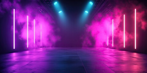 Concert stage background with blue and purple lights. Empty concert floor at futuristic room