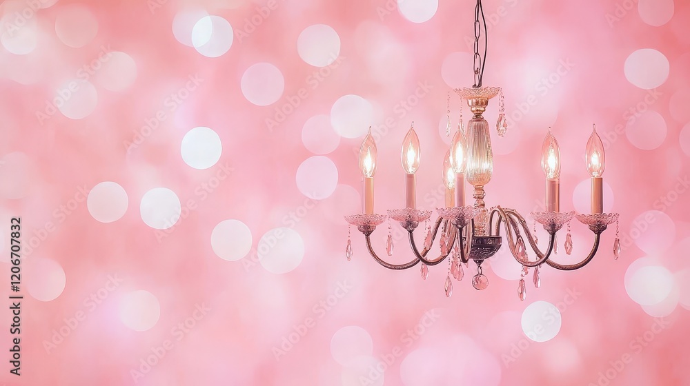 Poster elegant chandelier with glowing candles against soft pink bokeh background creating a dreamy and rom