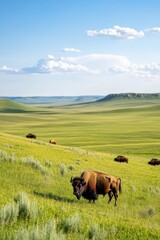 Fototapeta premium Bison Grazing Peacefully in a Lush Prairie Landscape Under a Clear Blue Sky