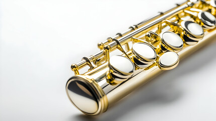 Fototapeta premium Gold flute detail, close-up shot, white background, musical instrument