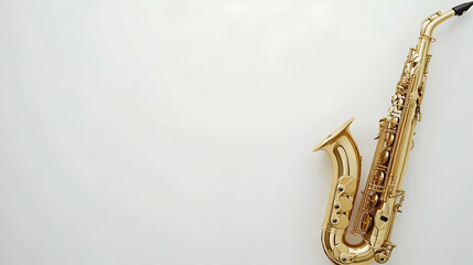 Golden alto saxophone on white background; music, jazz, instrument, studio shot; website banner