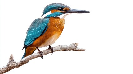 Fototapeta premium Colorful Kingfisher Perched on Branch Against White Background