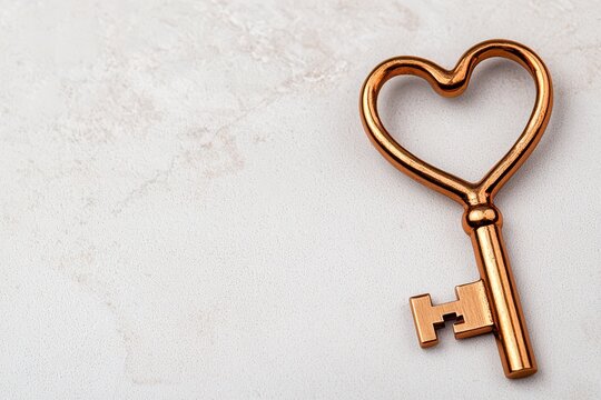 A beautiful heart-shaped key resting on a white marble background.