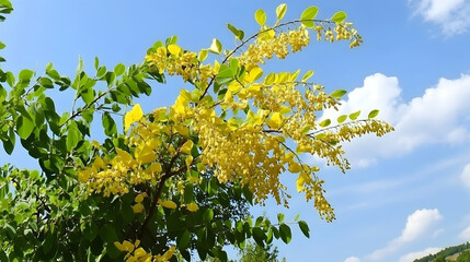 Fototapeta premium Golden Shower tree blossoms against a blue sky with fluffy clouds; springtime nature background for websites or publications