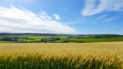 Obraz premium Golden wheat field, rolling hills, village background, sunny day, idyllic rural landscape, perfect for travel brochures