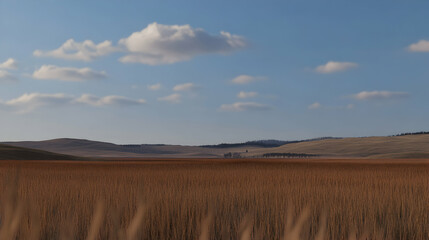 Fototapeta premium Golden Wheat Field Under Blue Sky, Rolling Hills Background - Pastoral Landscape