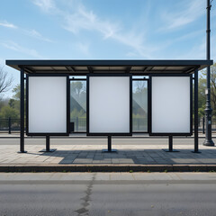 Modern bus stop with three blank advertising panels. Perfect for mockup designs.